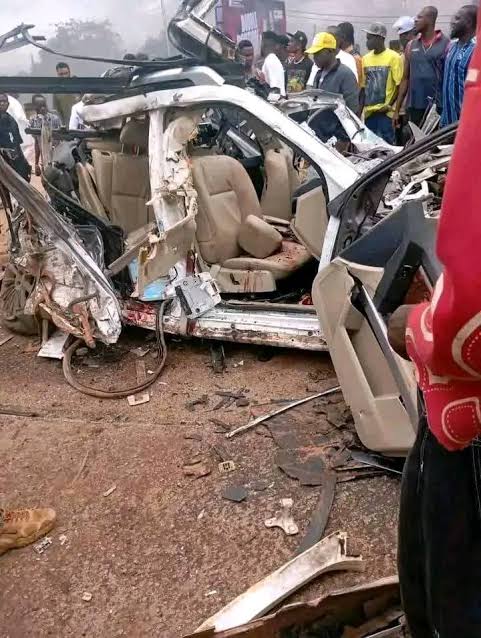 Wrecked vehicle at the scene of a road accident in Benin.
