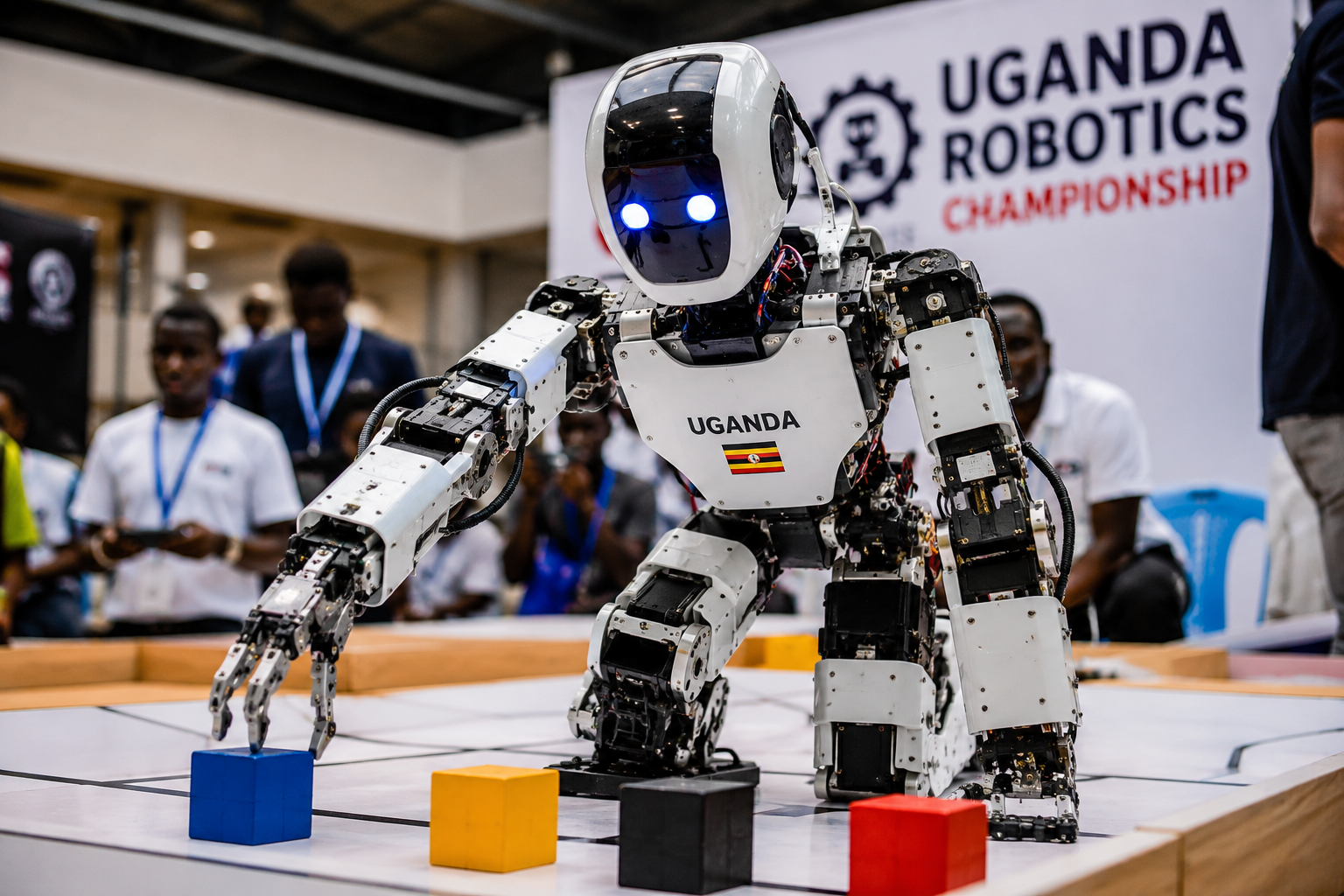 Students testing robotics projects during a technology competition in Uganda.