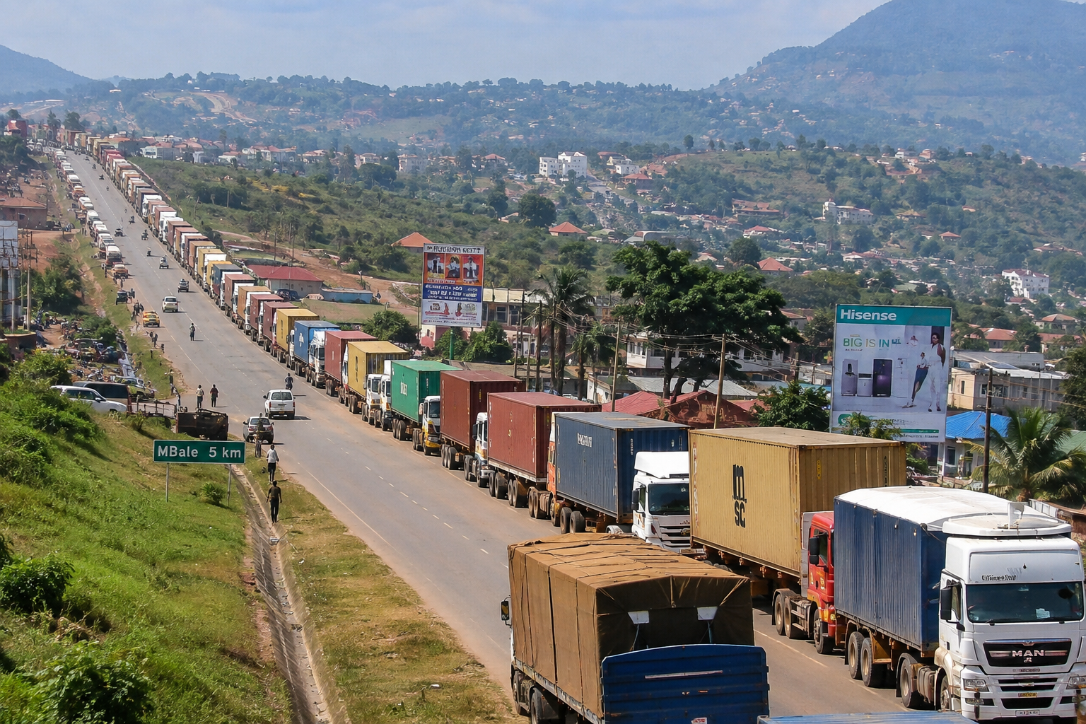 A long line of cargo trucks travelling along the Mbale–Tororo–Busia highway toward the Busia border.