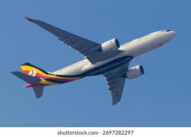 Uganda Airlines aircraft from Entebbe International Airport in the sky symbolising the national carrier's expansion to 18 international destinations.