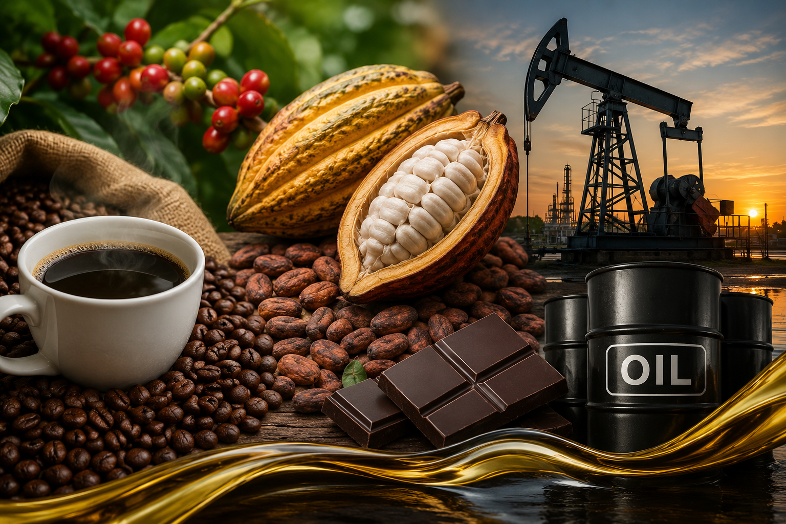 Coffee beans, cocoa pods and oil pump representing Uganda’s economic future