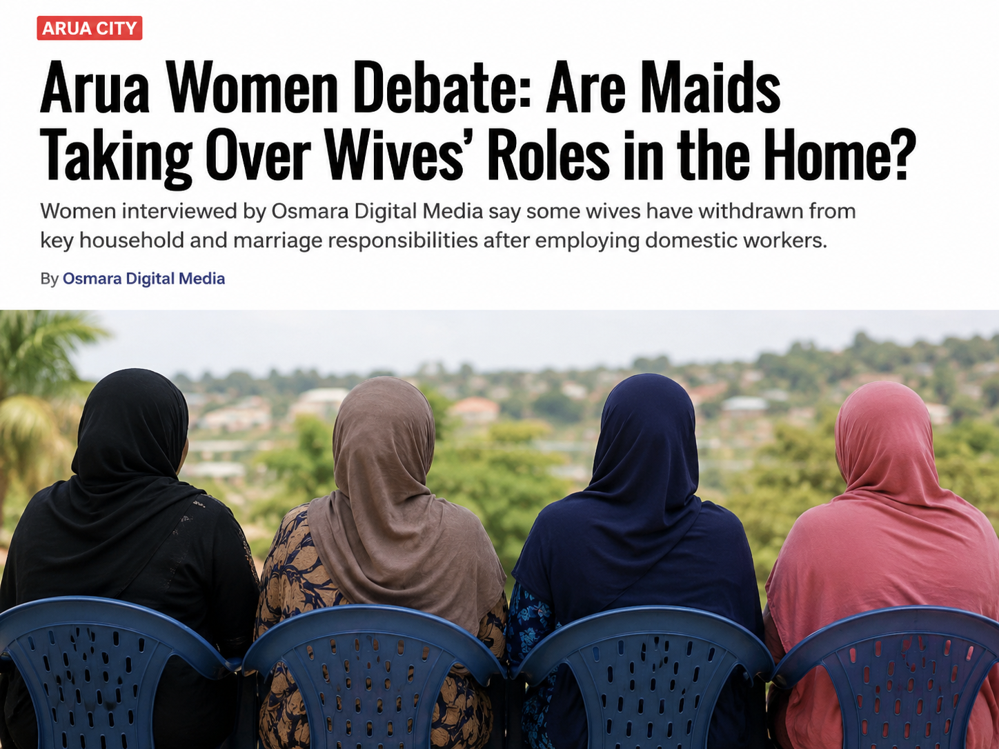 Four Arua women wearing headscarves sit together facing away from the camera during a discussion about marriage, domestic workers and changing family roles.