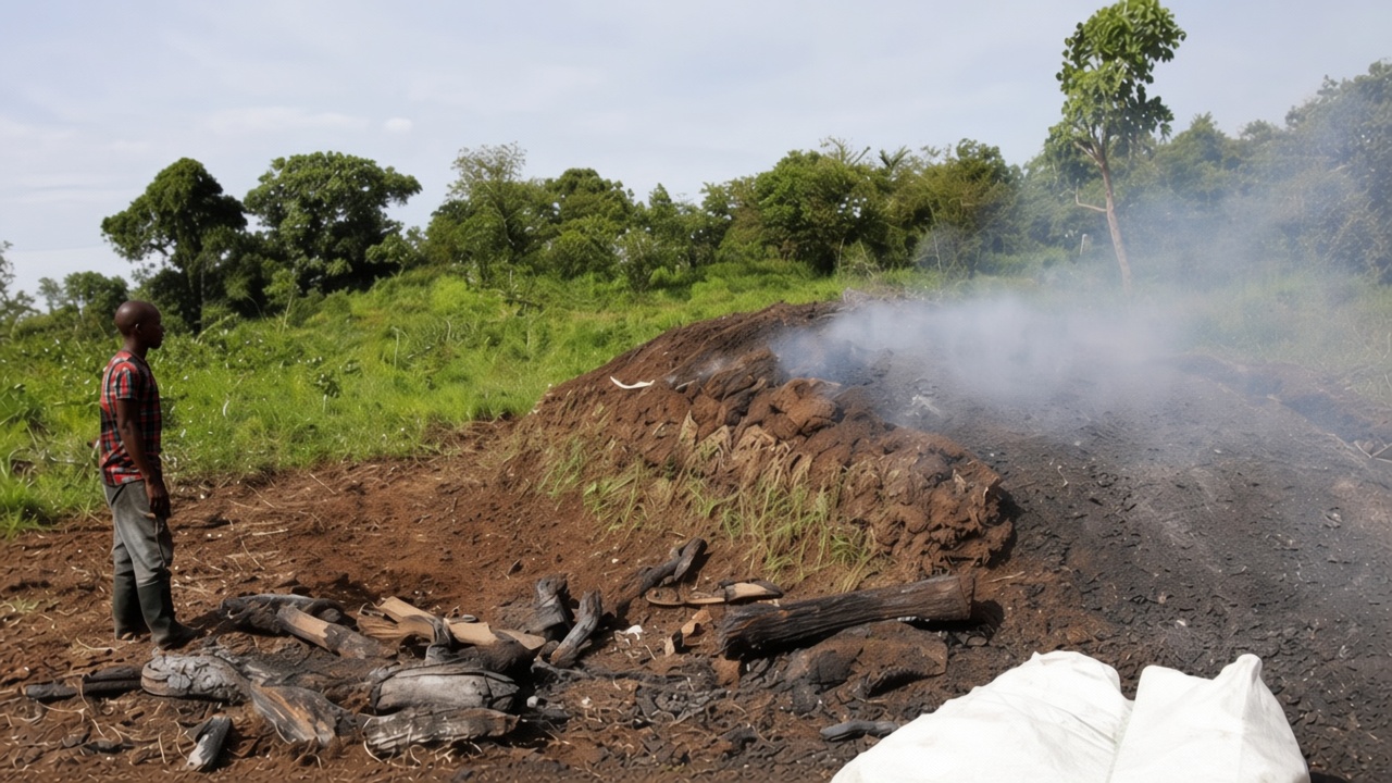 Charcoal being produced and sold in West Nile, Uganda.