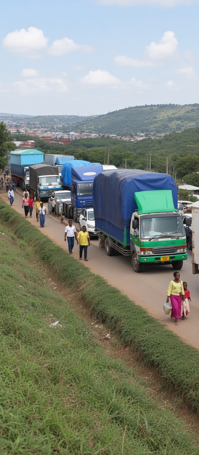 Tanzanian traders and trucks at the Tanzania-Zambia border.