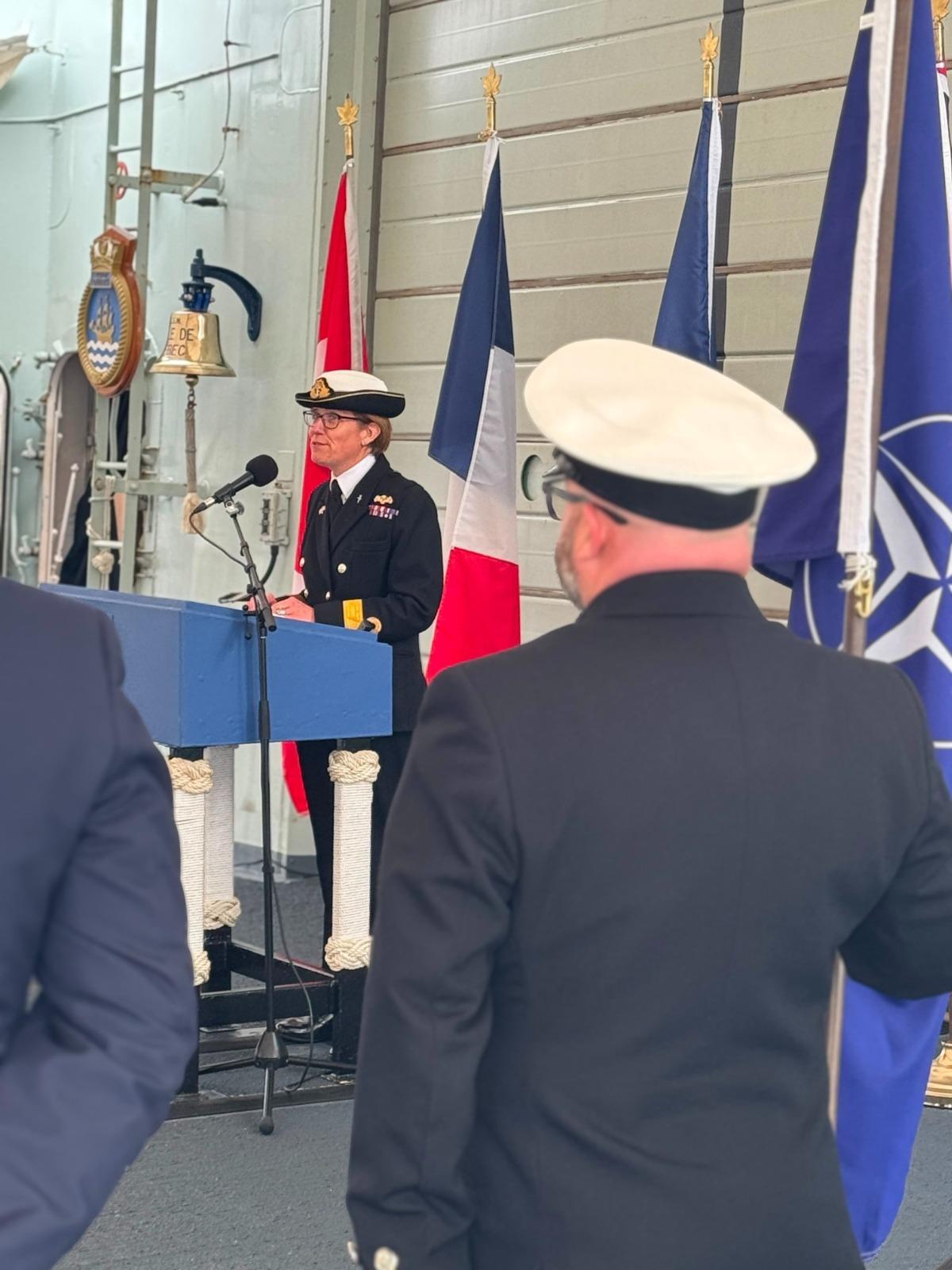 French and British naval officers during the NATO SNMG1 command handover ceremony in Reykjavík, Iceland.
