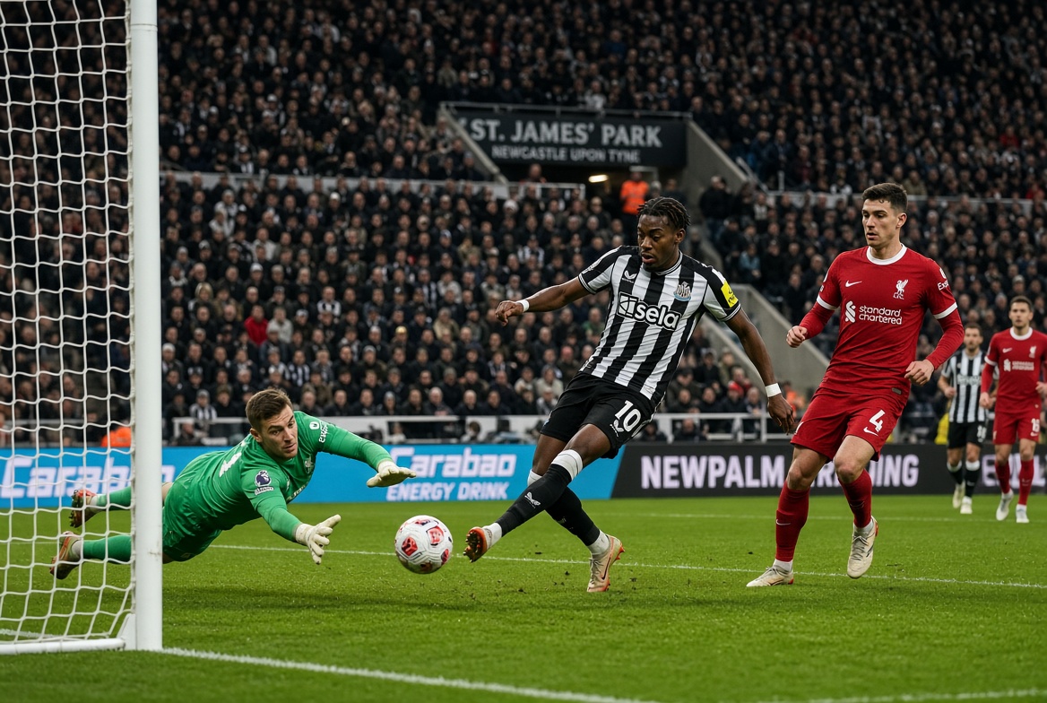 Newcastle United player scoring against Liverpool during a Premier League Matchday Two match at St James’ Park.