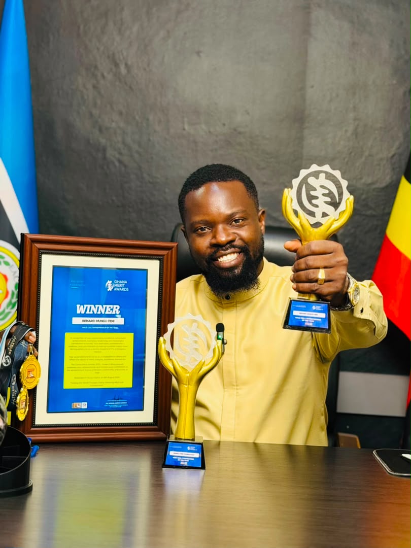 Benard Feni proudly displays his trophy after receiving the CEO/Entrepreneur of the Year Award at the Ghana Merit Awards 2026 in Accra.
