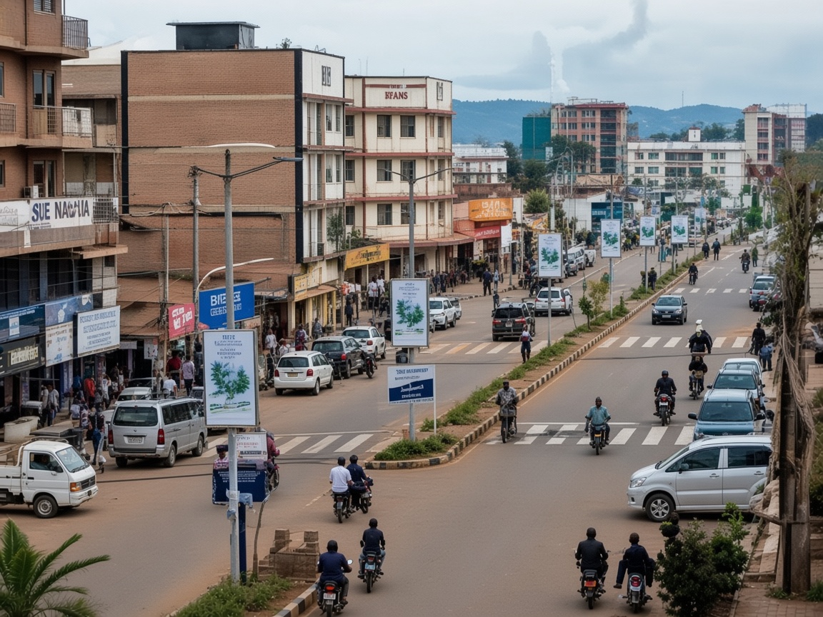 A view of Jinja Main Street showing historic buildings, pedestrians, shops and traffic in the city centre.