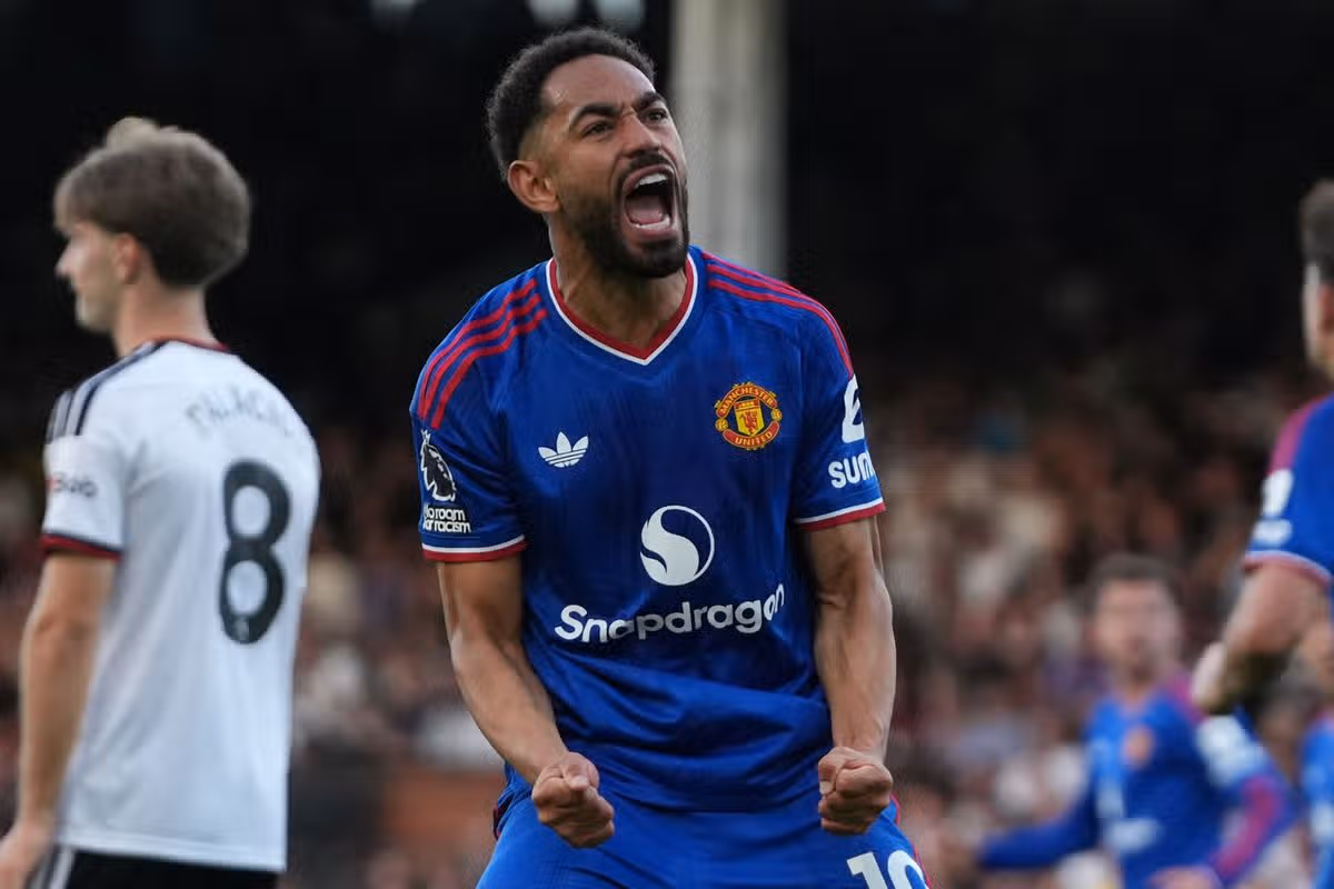 Matheus Cunha celebrates after scoring Manchester United’s late equaliser against Fulham.