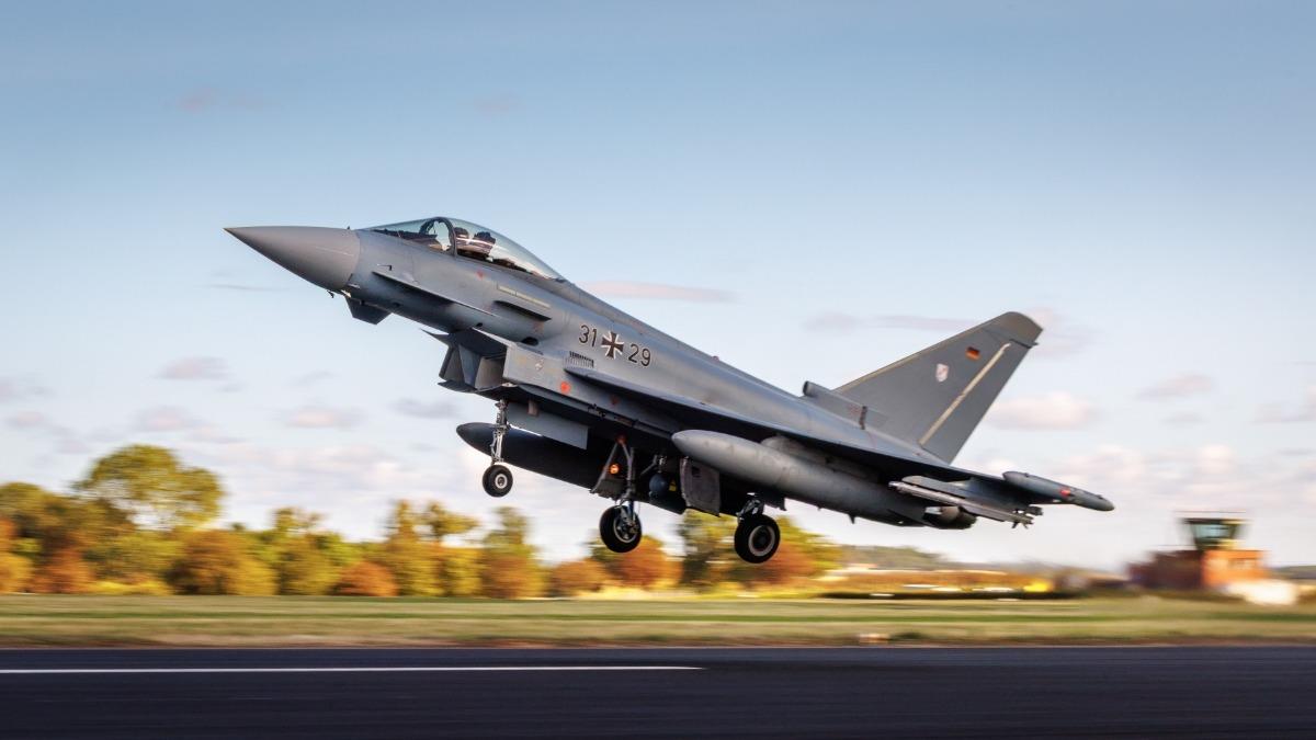 NATO Allied military aircraft participating in multinational air combat training during Exercise Cobra Warrior 26-2 in the United Kingdom.