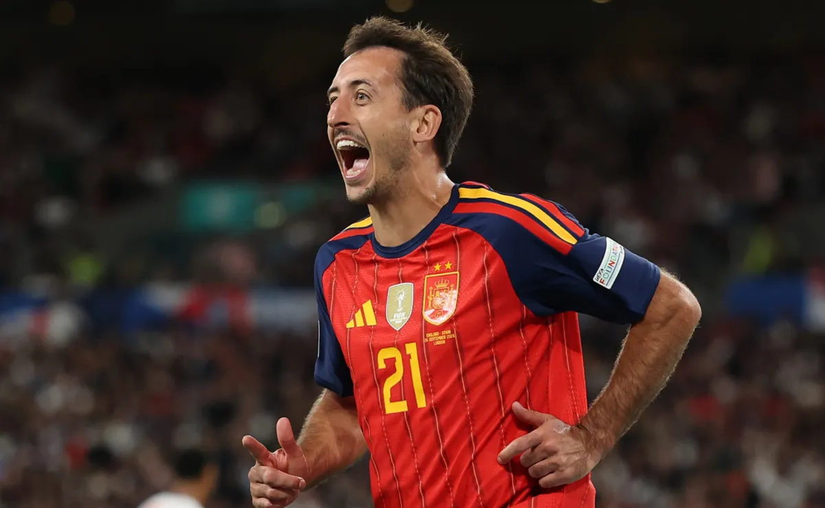 Mikel Oyarzabal celebrates after scoring Spain's winning goal against England at Wembley
