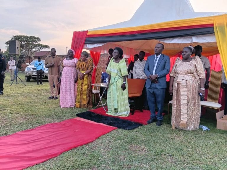 Rebecca Kadaga with Topcare Secondary School leaders and guests in Iganga.