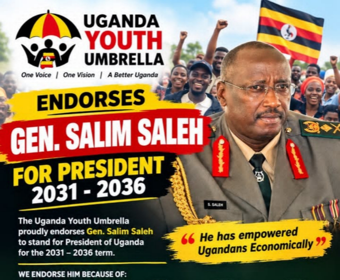 Uganda Youth Umbrella youth leaders hold a banner endorsing Gen. Salim Saleh during a meeting in Iganga.