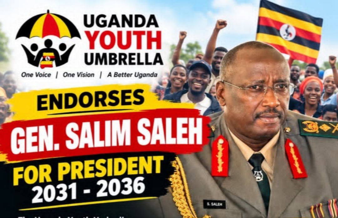 Uganda Youth Umbrella youth leaders hold a banner endorsing Gen. Salim Saleh during a meeting in Iganga.