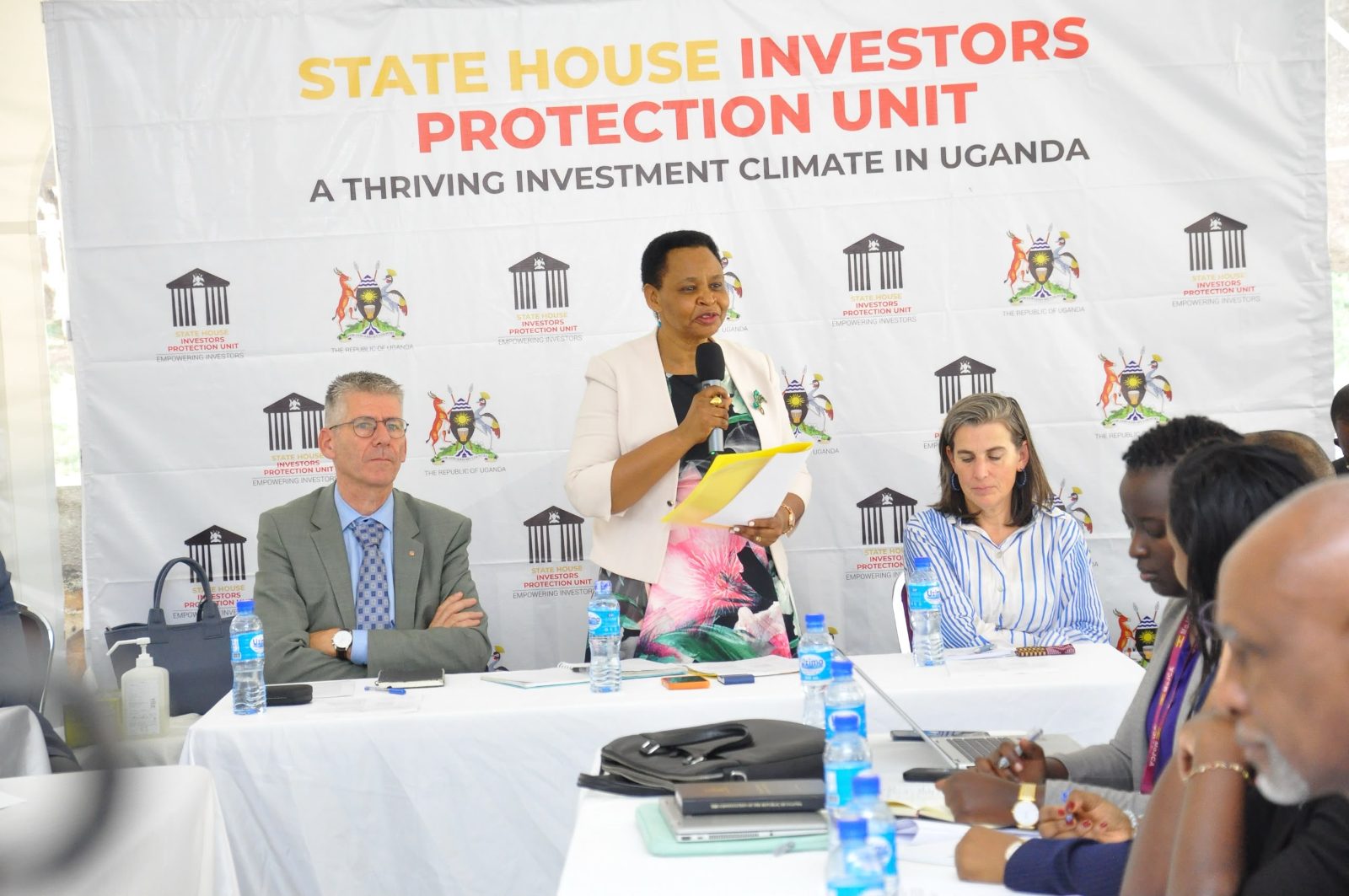 Col. Edith Nakalema addresses Dutch investors and government officials during a trade and investment engagement at SHIPU offices in Kampala.