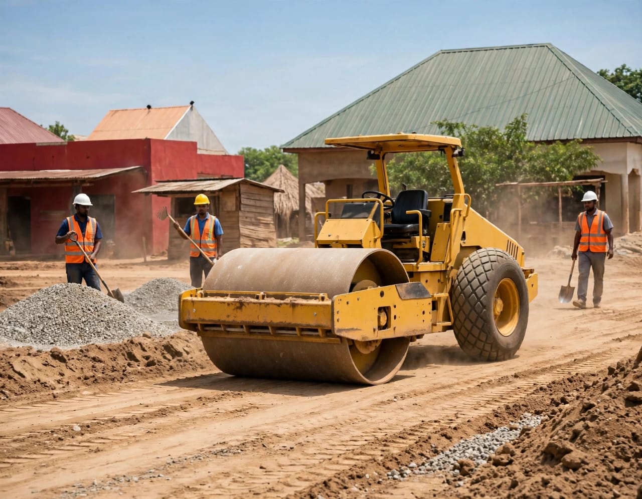 A road construction machine works on grading the Nawandegeyi–Bukabooli road in Bunya East, Mayuge District, Uganda.