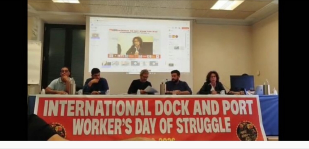 Cinzia Della Porta of the World Federation of Trade Unions Secretariat addresses a press conference in Rome launching the international day of action against war and militarisation.