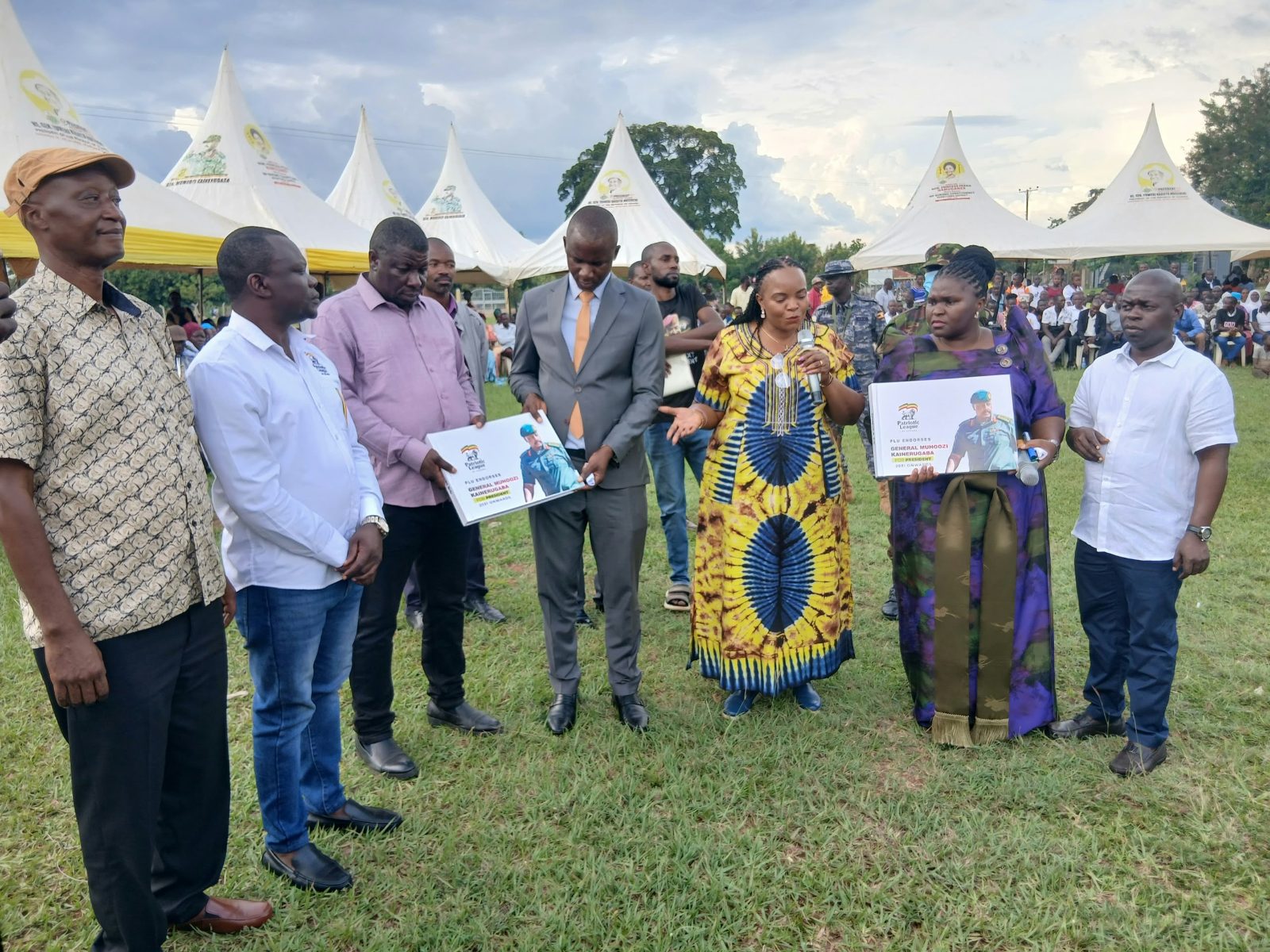 State Minister for Housing Persis Namuganza addresses PLU supporters and political leaders during a registration book endorsement event at Namutumba District headquarters on October 18, 2026.