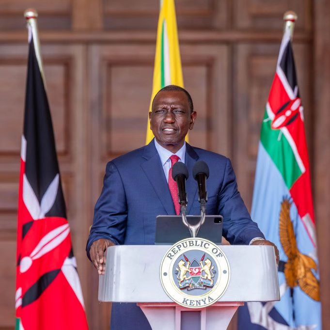 Kenyan President William Ruto speaking during a public address at the 63rd Mashujaa Day celebrations in Eldoret.