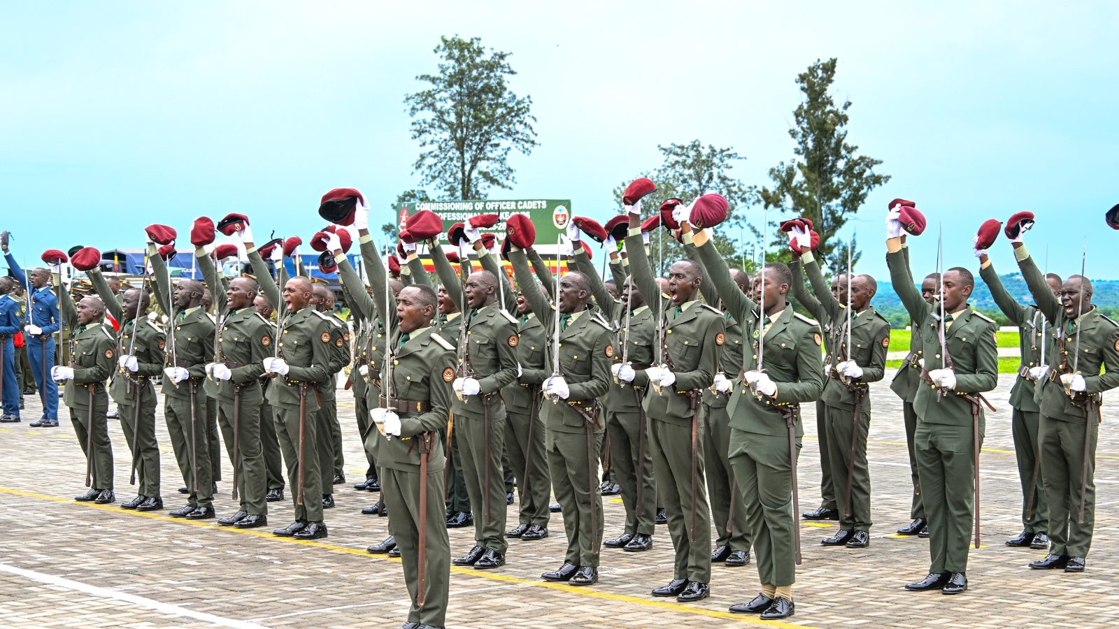 Newly commissioned Uganda People’s Defence Forces officer cadets stand in formation during a commissioning ceremony presided over by President Yoweri Museveni at Uganda Military Academy-Kabamba in Mubende District.