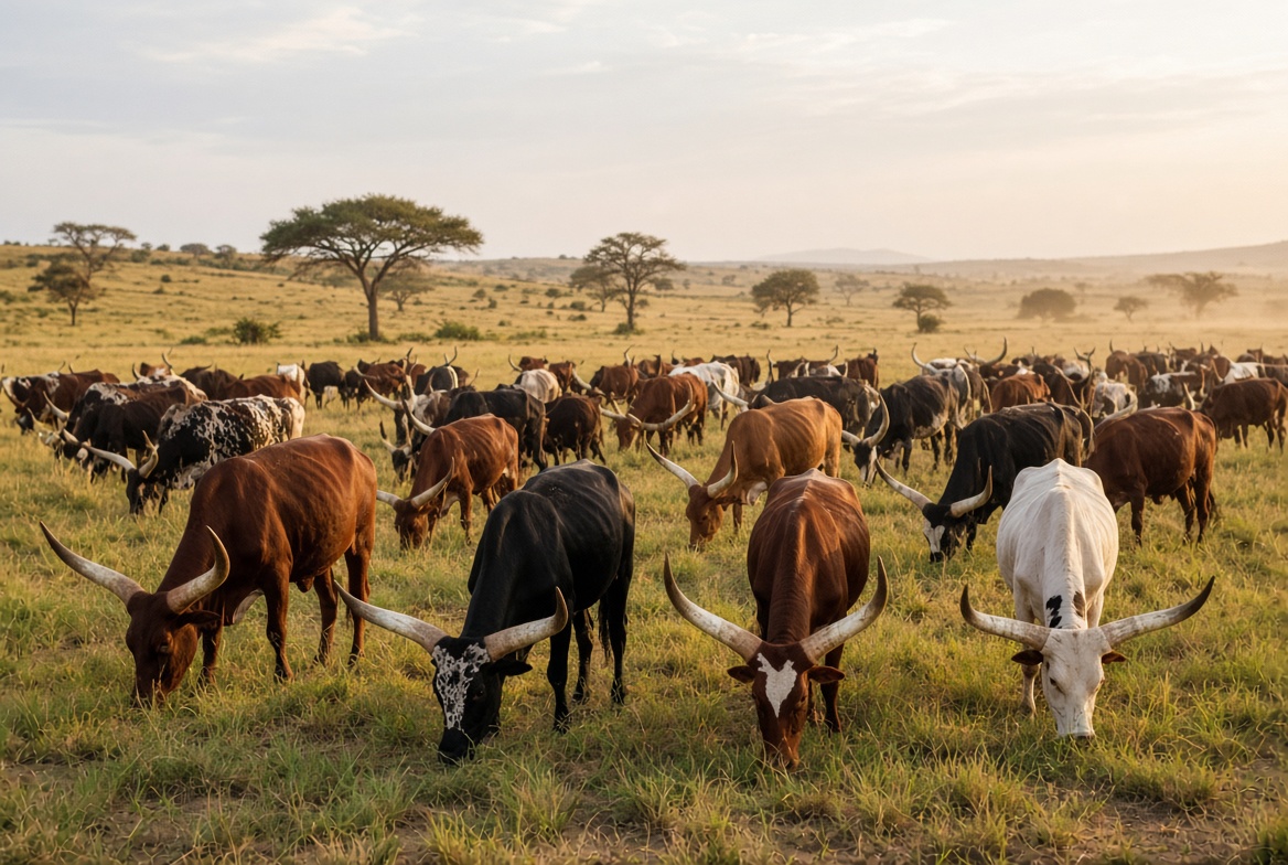 Cattle feeding on dry grass during a prolonged dry spell in Western Uganda.