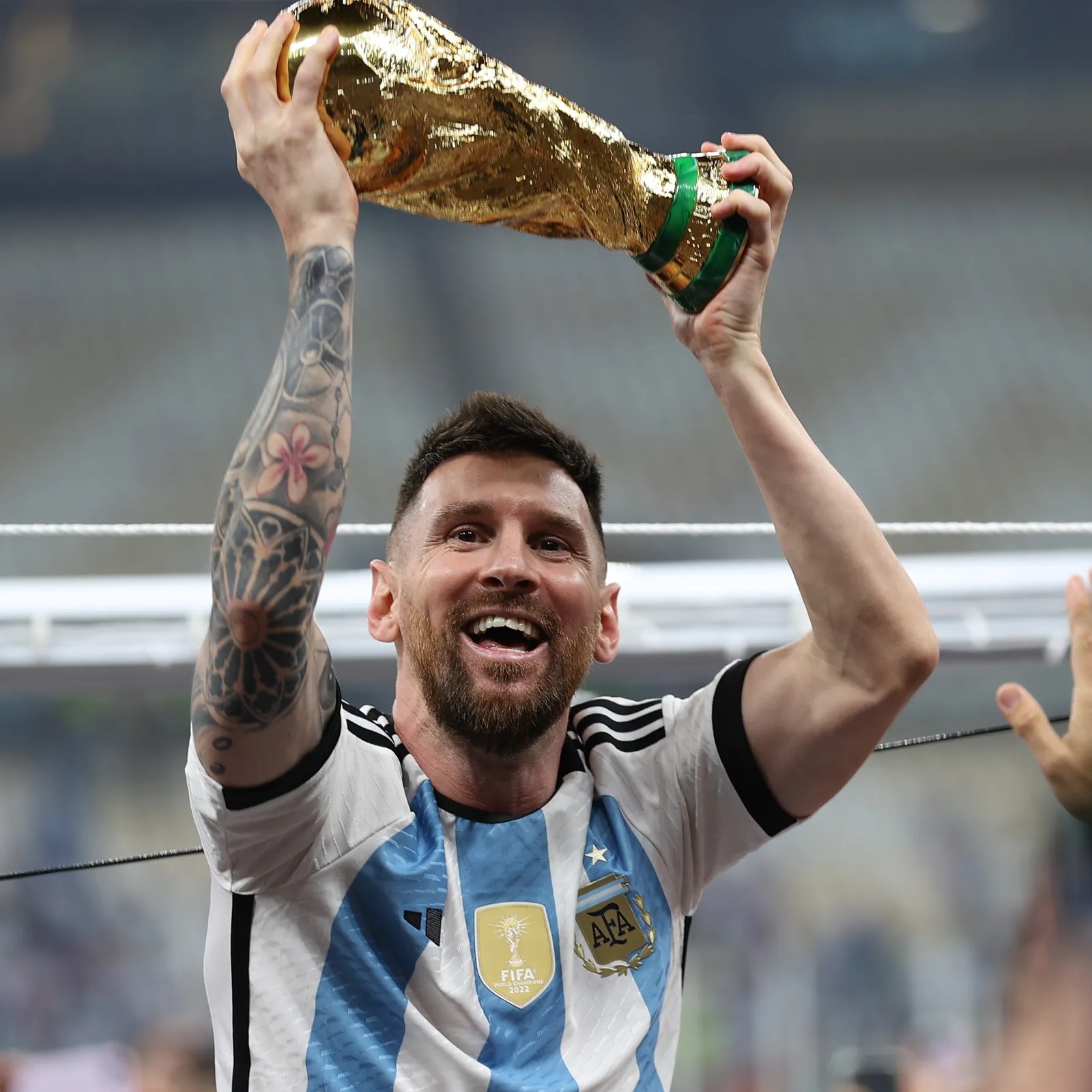 Lionel Messi lifting the World Cup trophy after Argentina's victory in Qatar in 2022